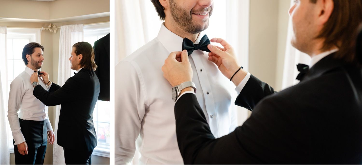 Wedding preparation scenes showing bow tie adjustments in intimate moments.