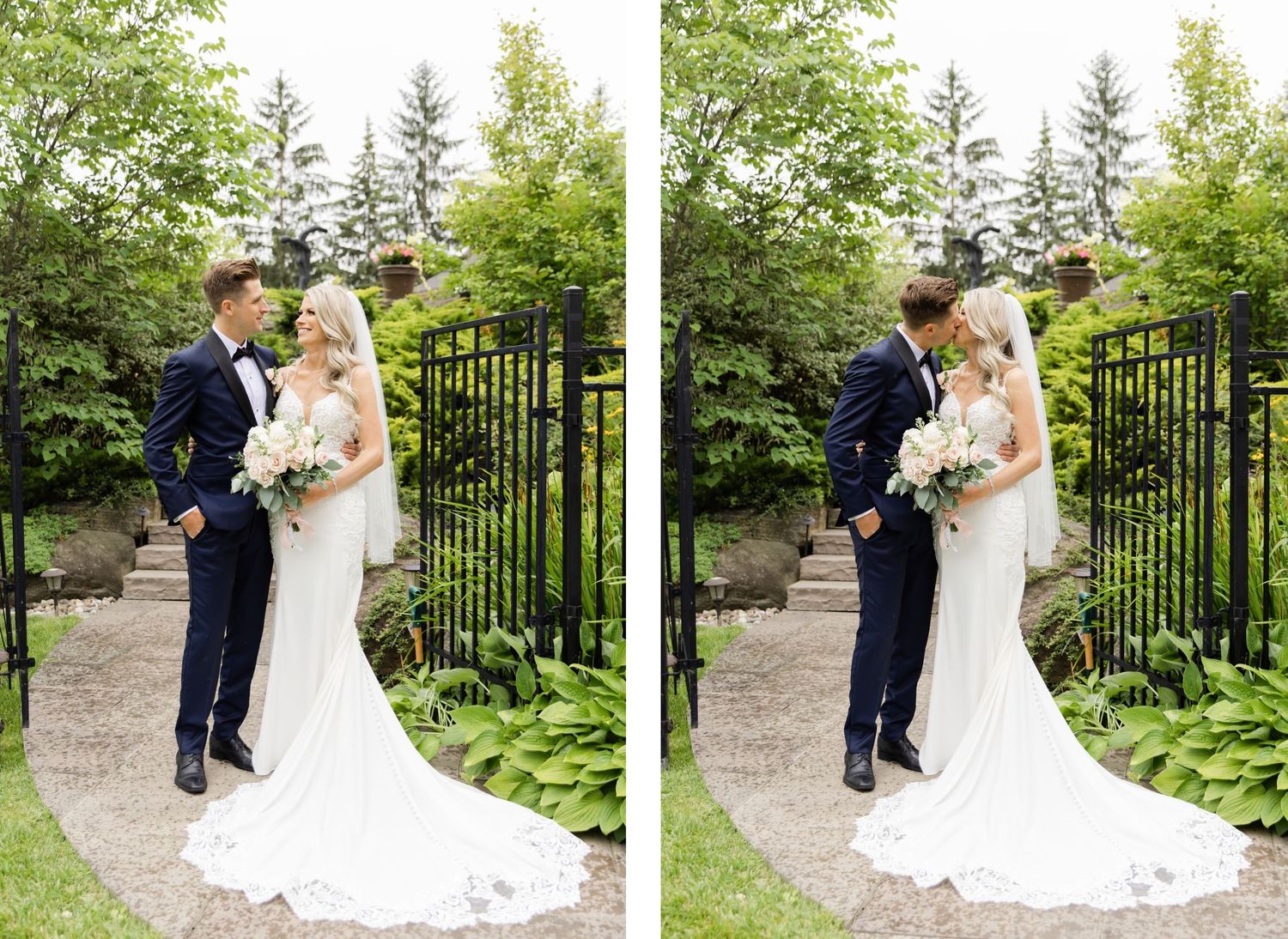 Couple shares intimate moment on garden path surrounded by lush greenery.