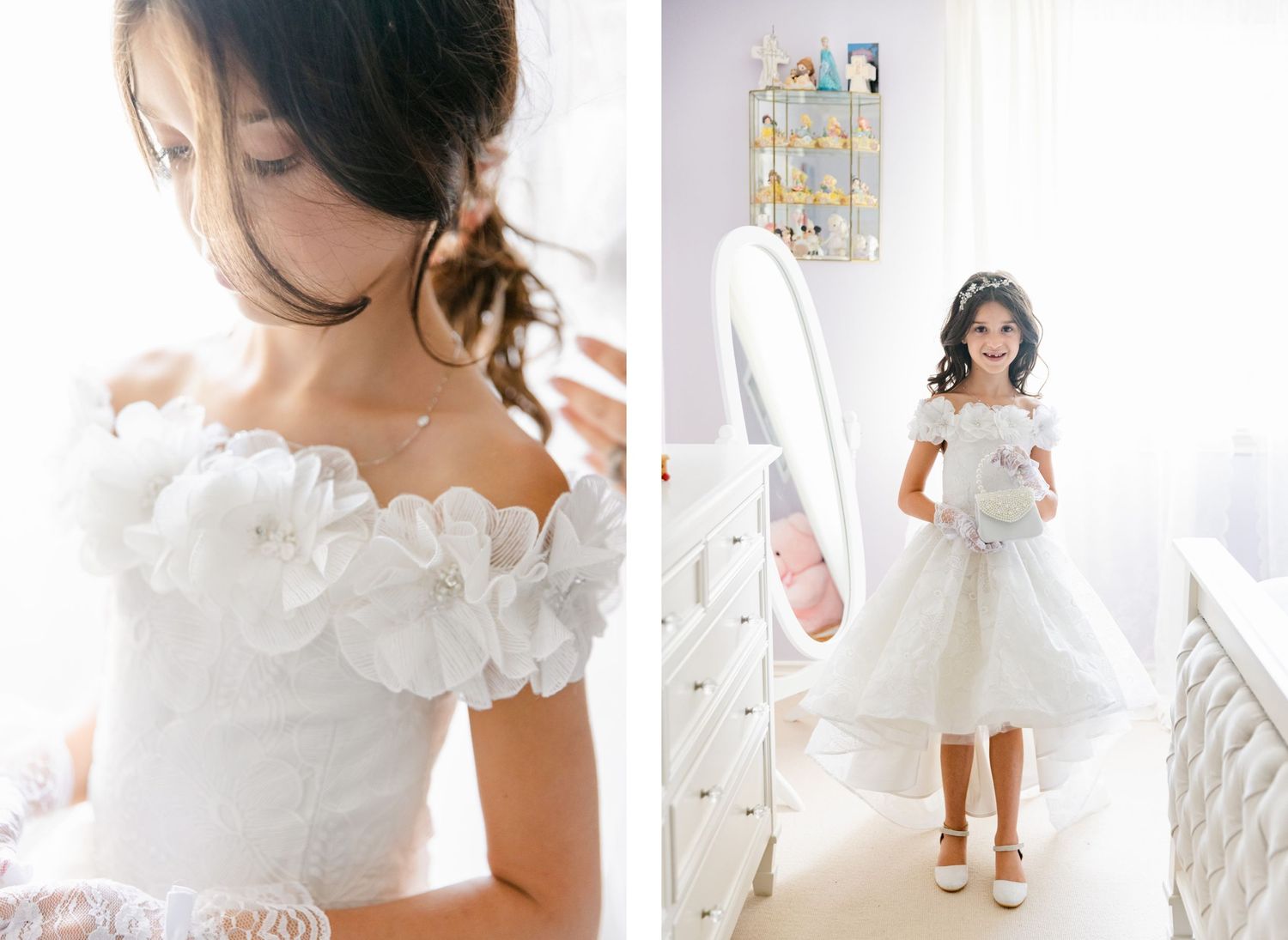Romantic bridal portrait showing delicate white floral details on an off-shoulder wedding dress in soft natural light.