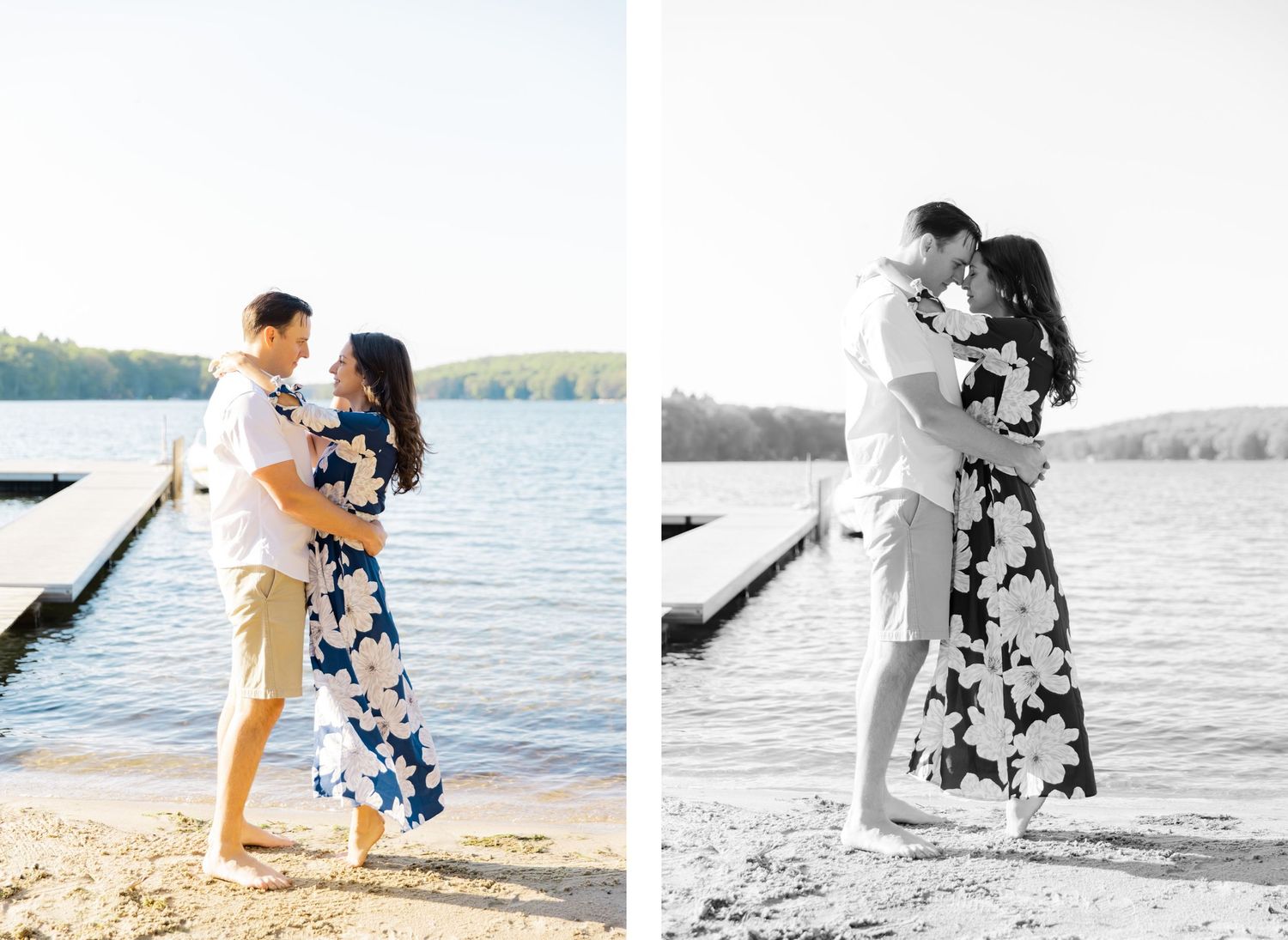 Romantic couple on a lakeside beach at sunset wearing coordinated blue and white outfits.