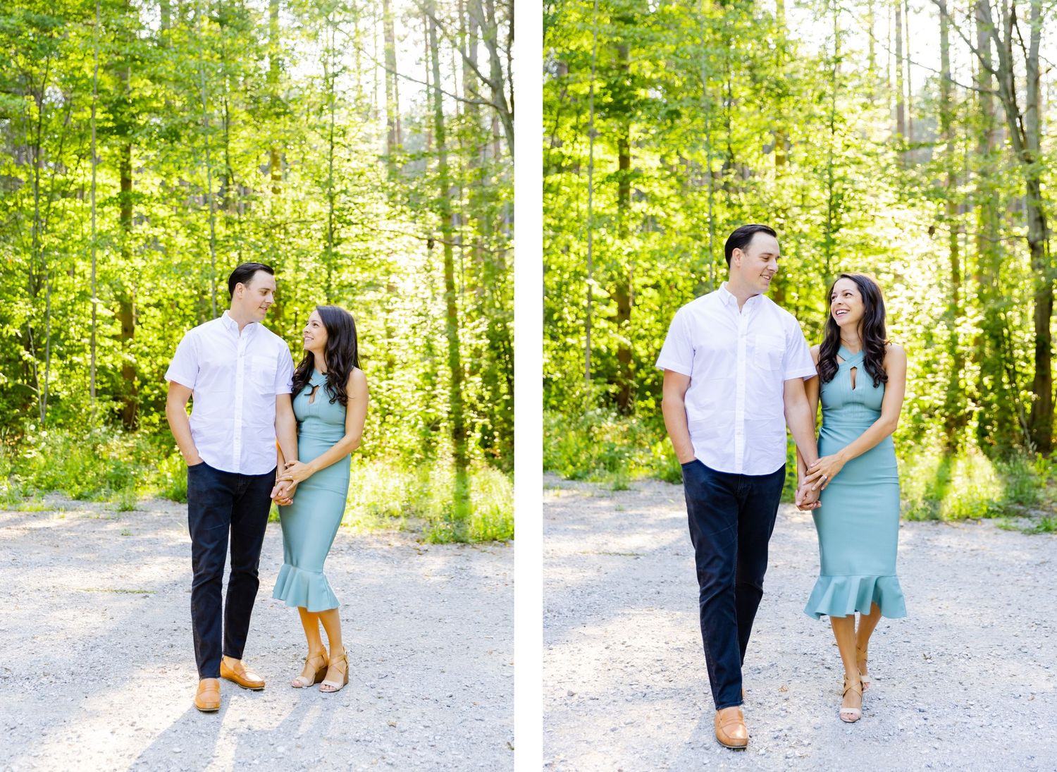Couple in coordinated outfits posing on forest path in two similar shots.