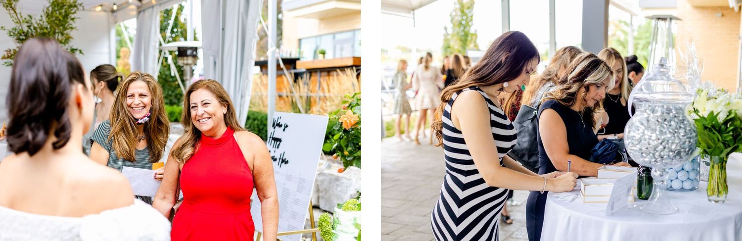 Candid party moments showing guests interacting at white-draped outdoor celebration.