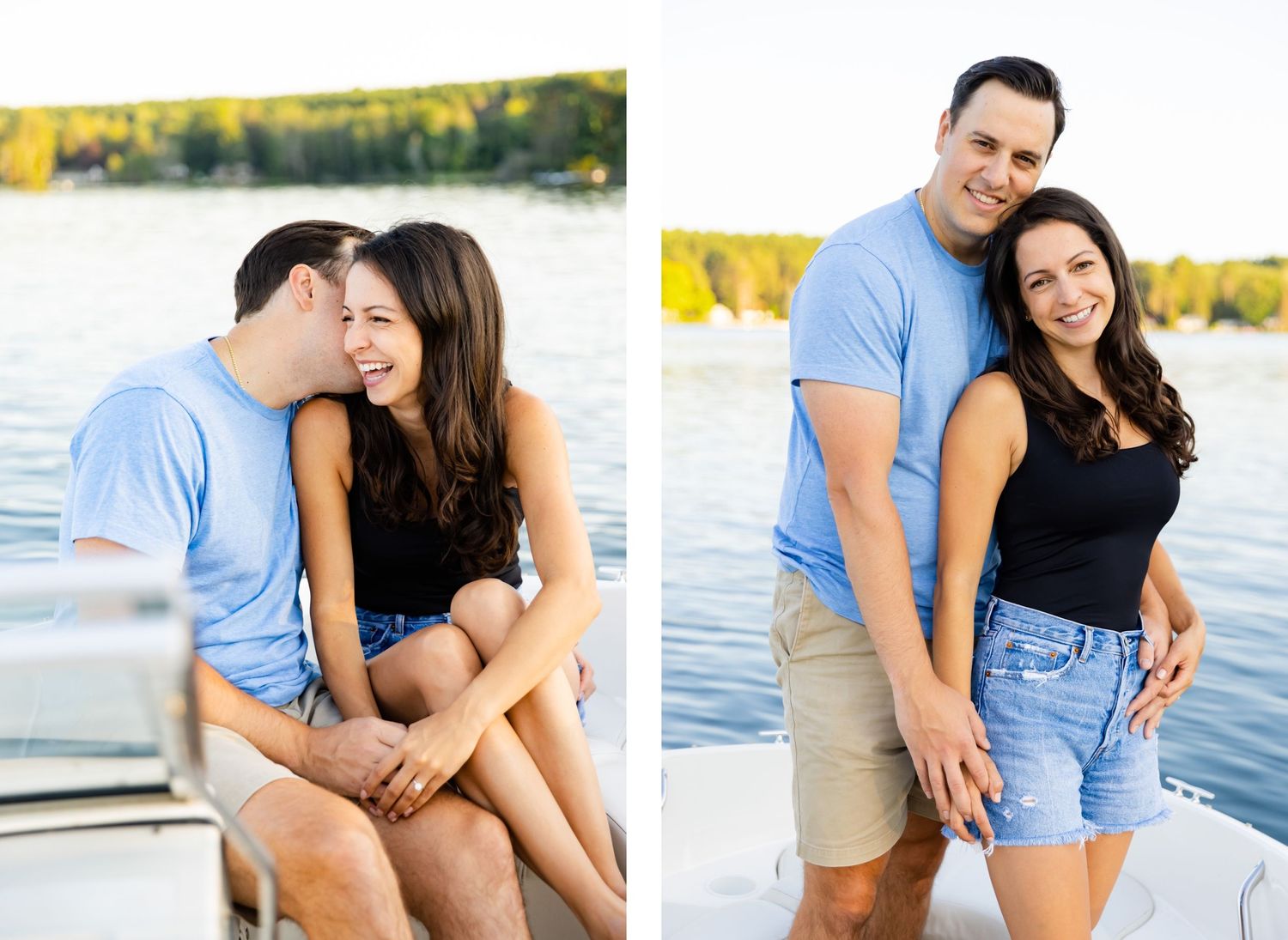 A couple poses for romantic photos on a boat with a scenic lake background.
