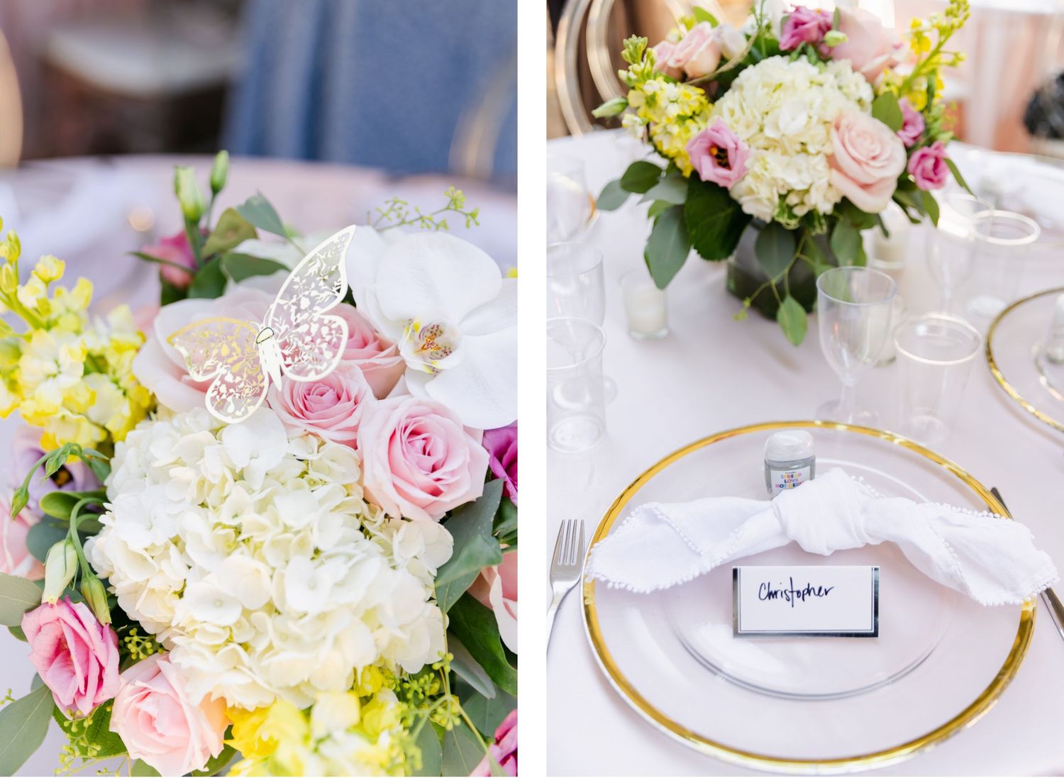 Delicate pink and white flower arrangements on gold-rimmed place settings at reception tables.