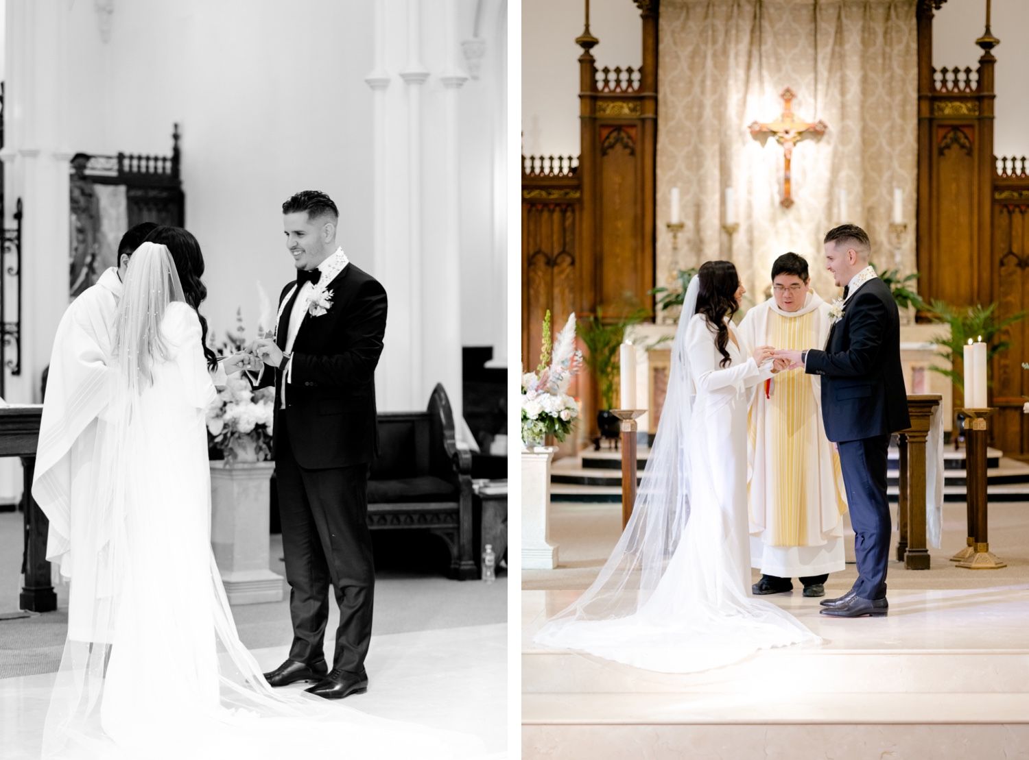 Side-by-side wedding photos showing ring exchange in both color and black-and-white.