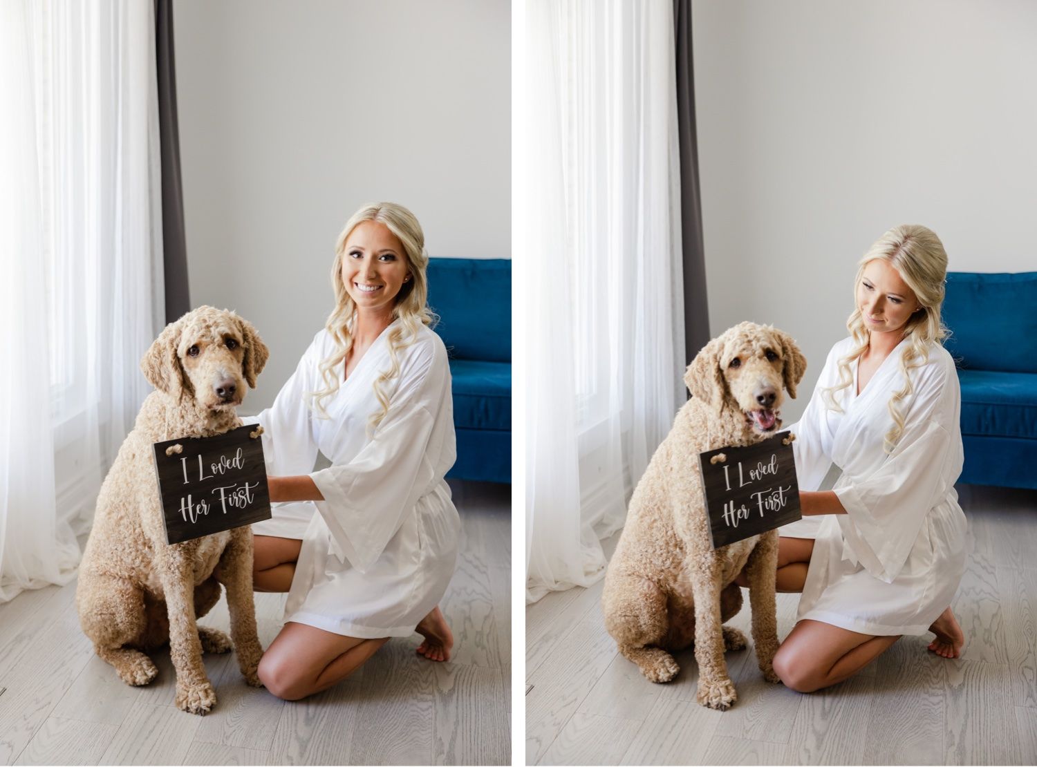 A Weimaraner dog poses with a sign next to someone in a white robe in two similar shots.