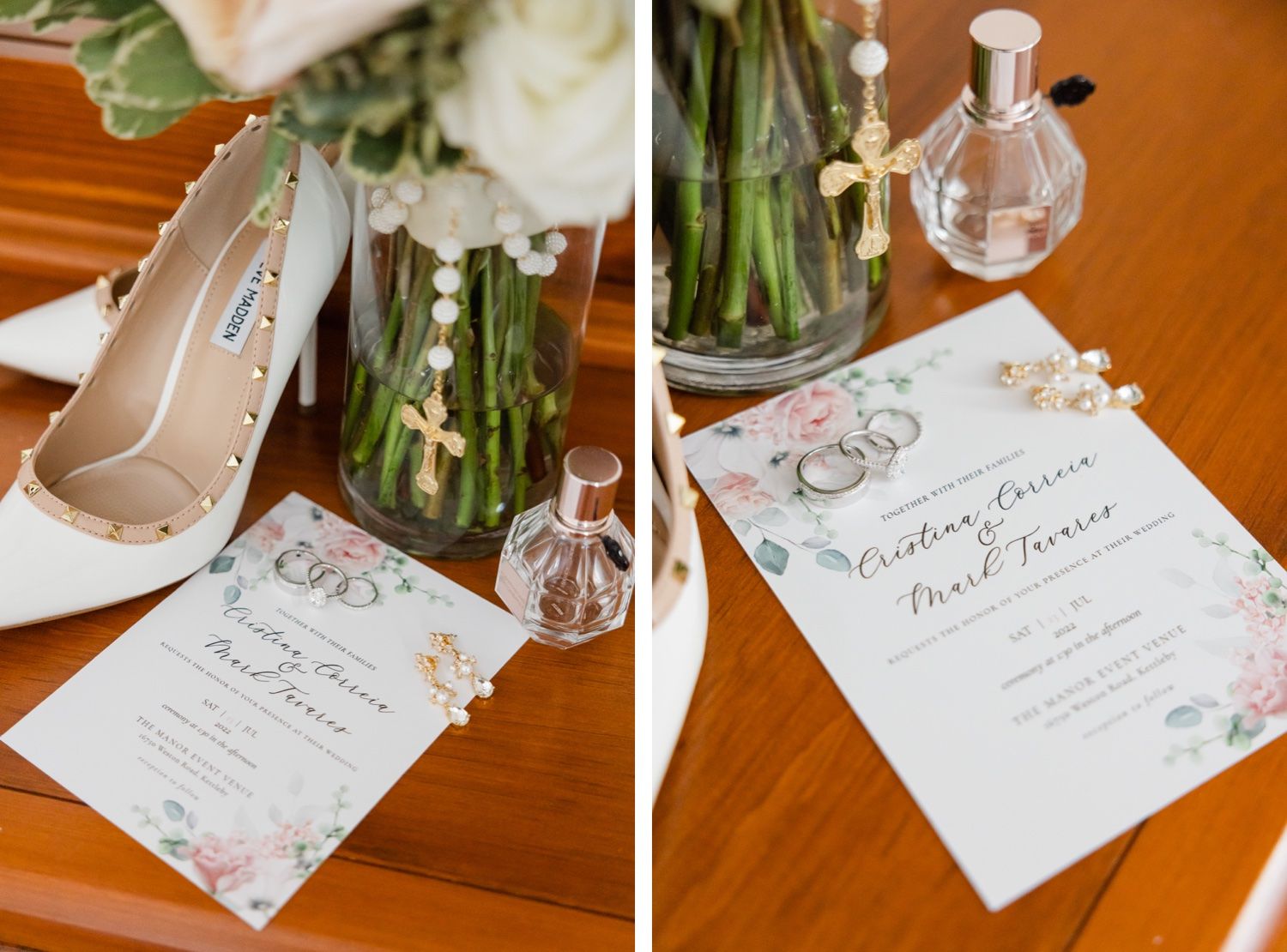Wedding details featuring white heels, floral invitation and crystal perfume bottle on wooden surface.