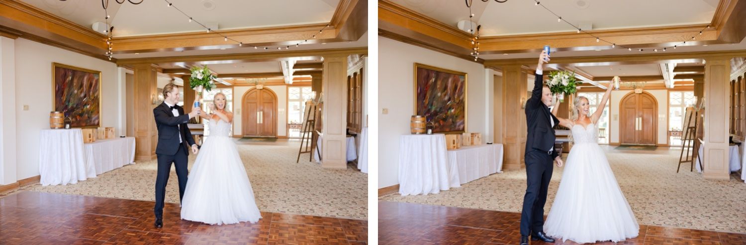 First dance celebration in an elegant ballroom with warm wooden accents and chandeliers.