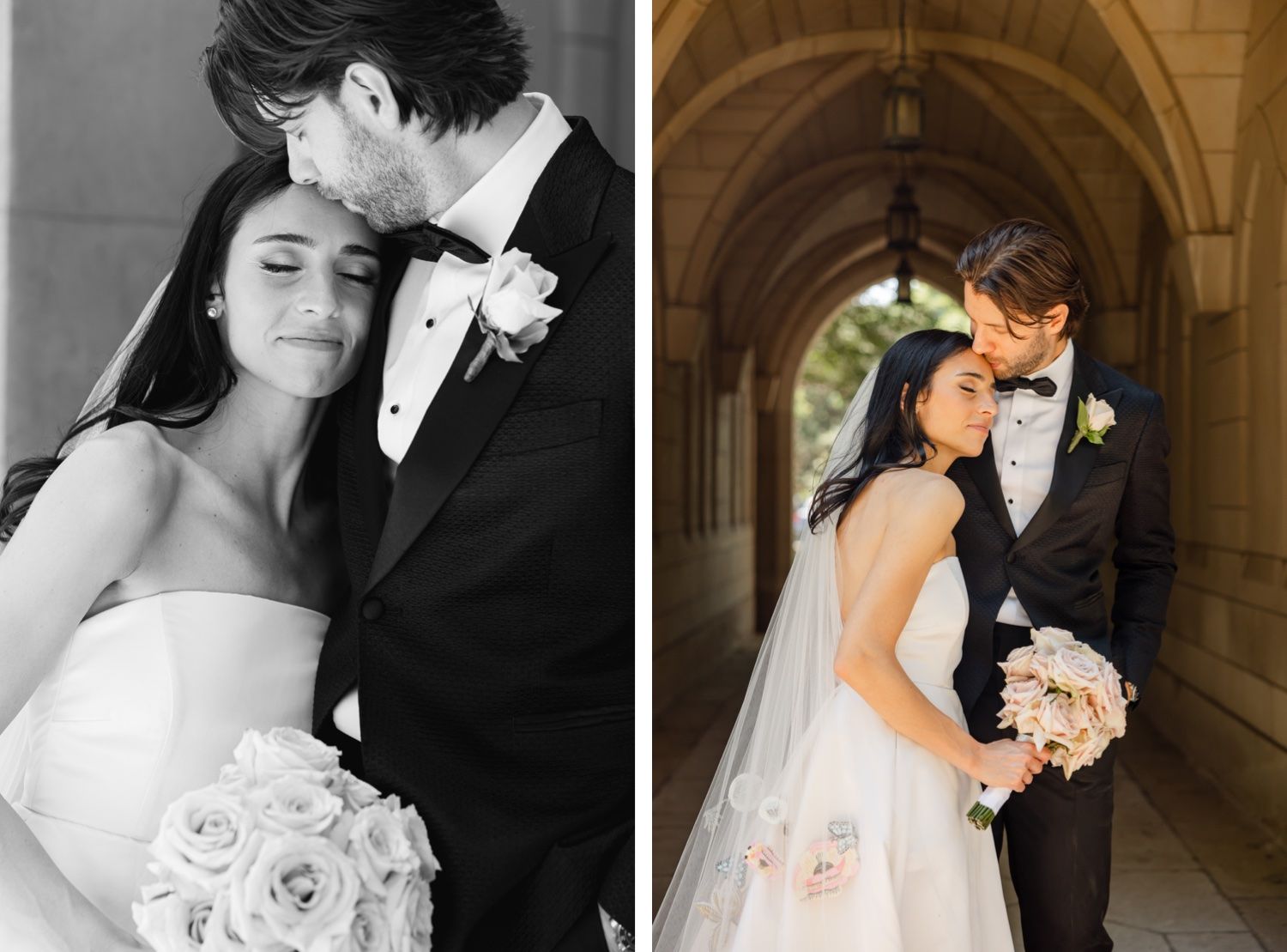 Side-by-side color and black-and-white wedding portraits in stone archway.