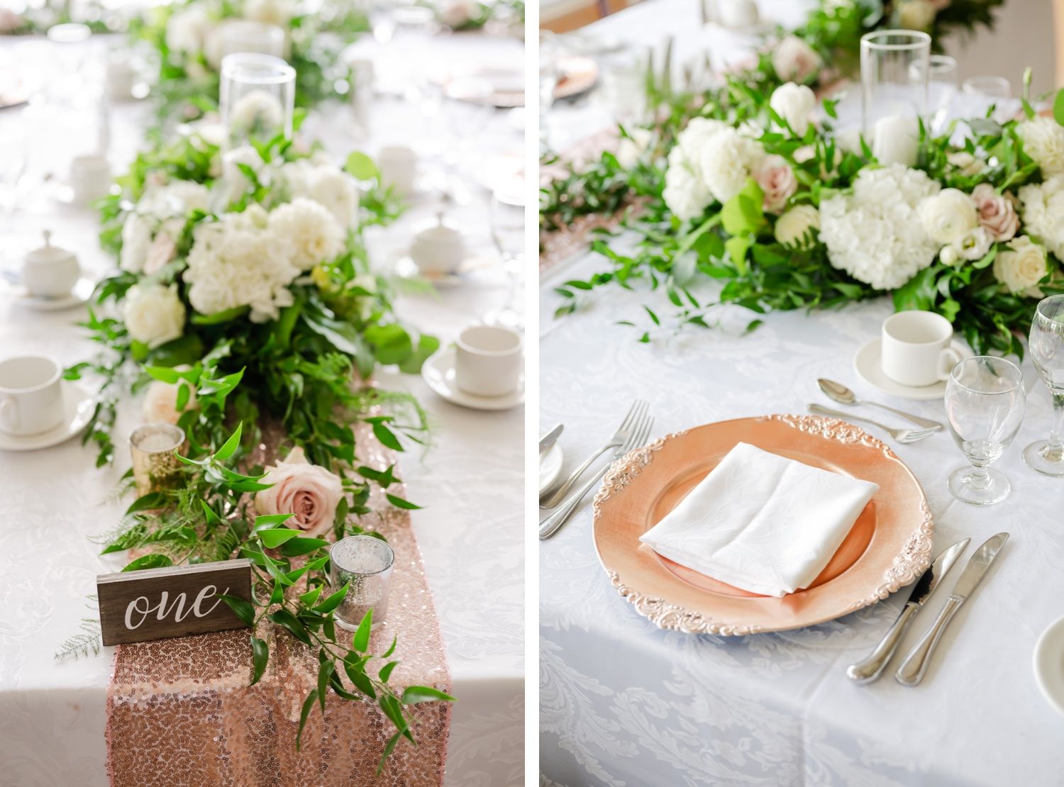 Elegant wedding table setting with white floral centerpiece and rose gold charger plates on white linens.