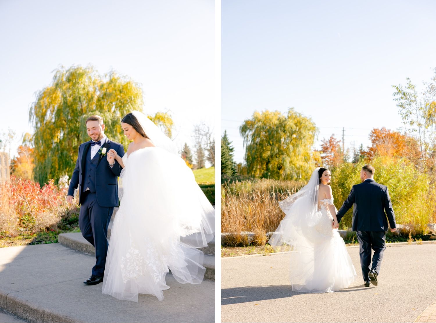 Front and back view of newlyweds walking together on autumn day with golden willows.