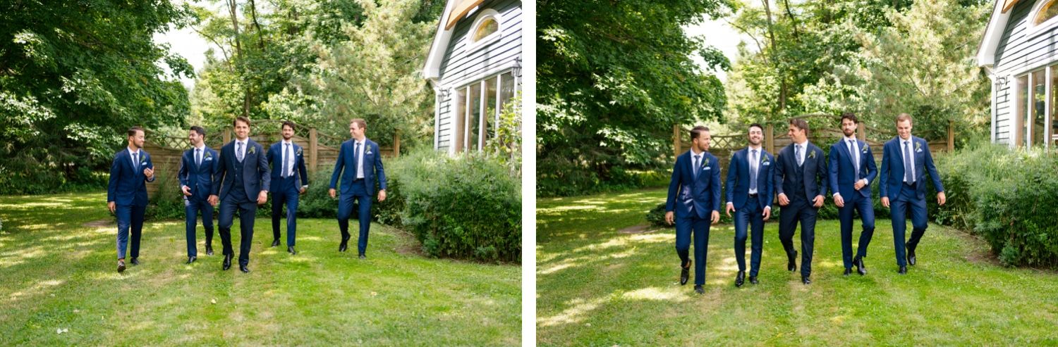 Side-by-side photos showing groomsmen walking in navy suits on green lawn.
