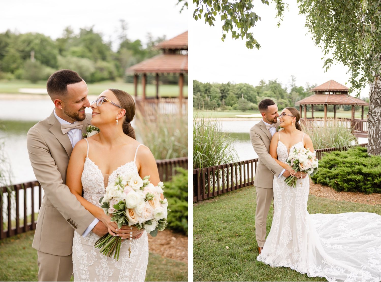 Romantic lakeside wedding portraits with couple sharing tender moments near wooden gazebo.