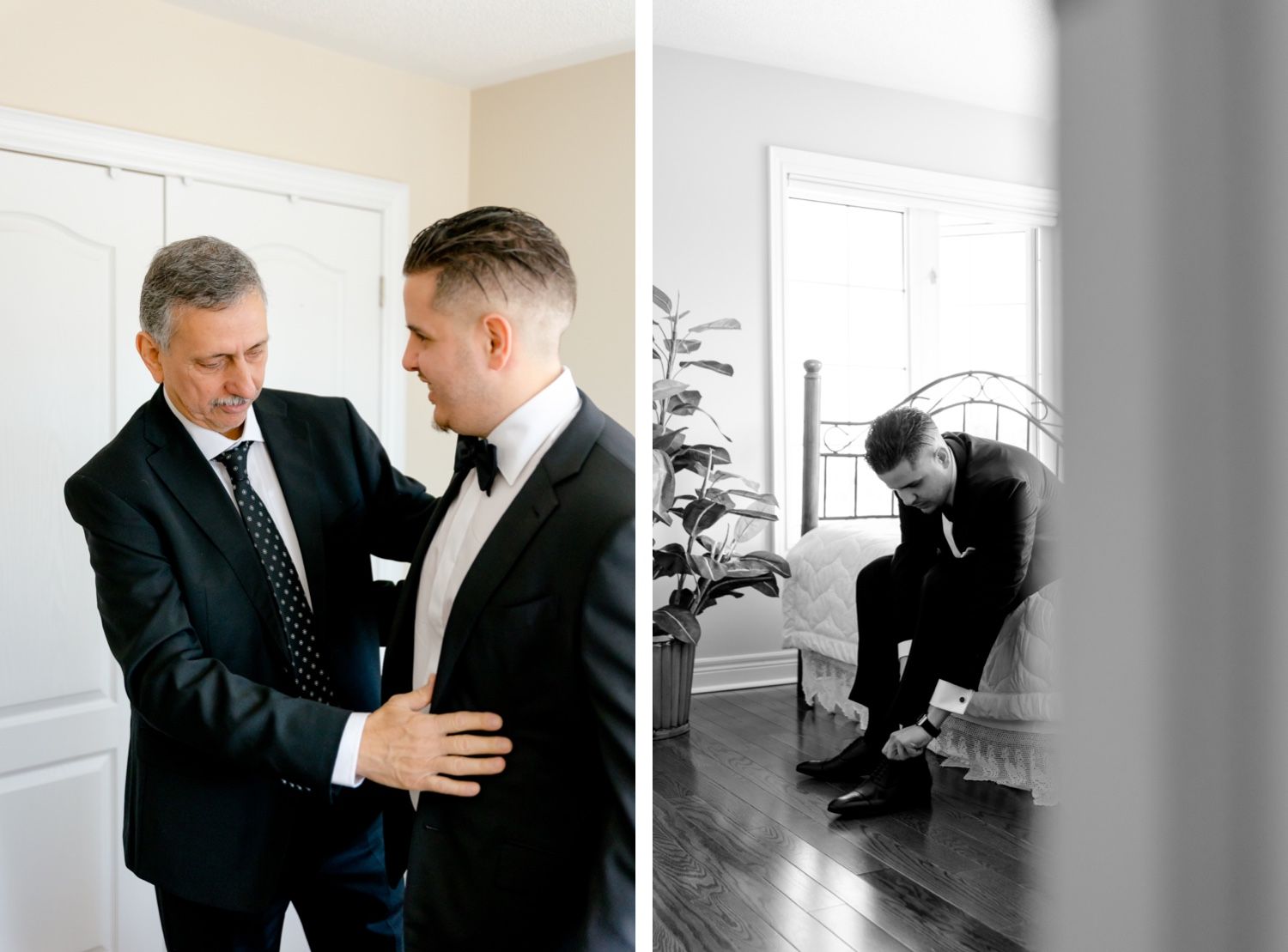 Black and white emotional wedding preparation moments.