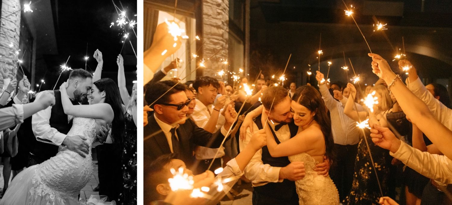 Wedding celebration with sparklers creating a magical nighttime atmosphere at an outdoor venue.