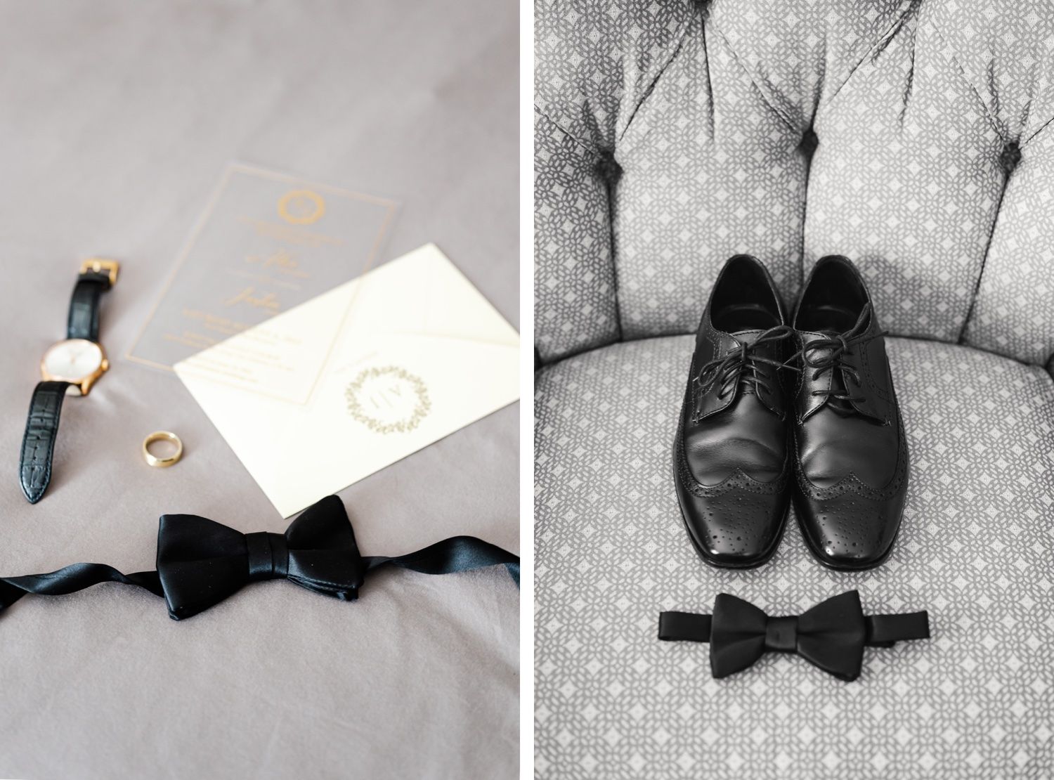 Wedding details featuring black dress shoes and bow tie on gray vintage sofa.