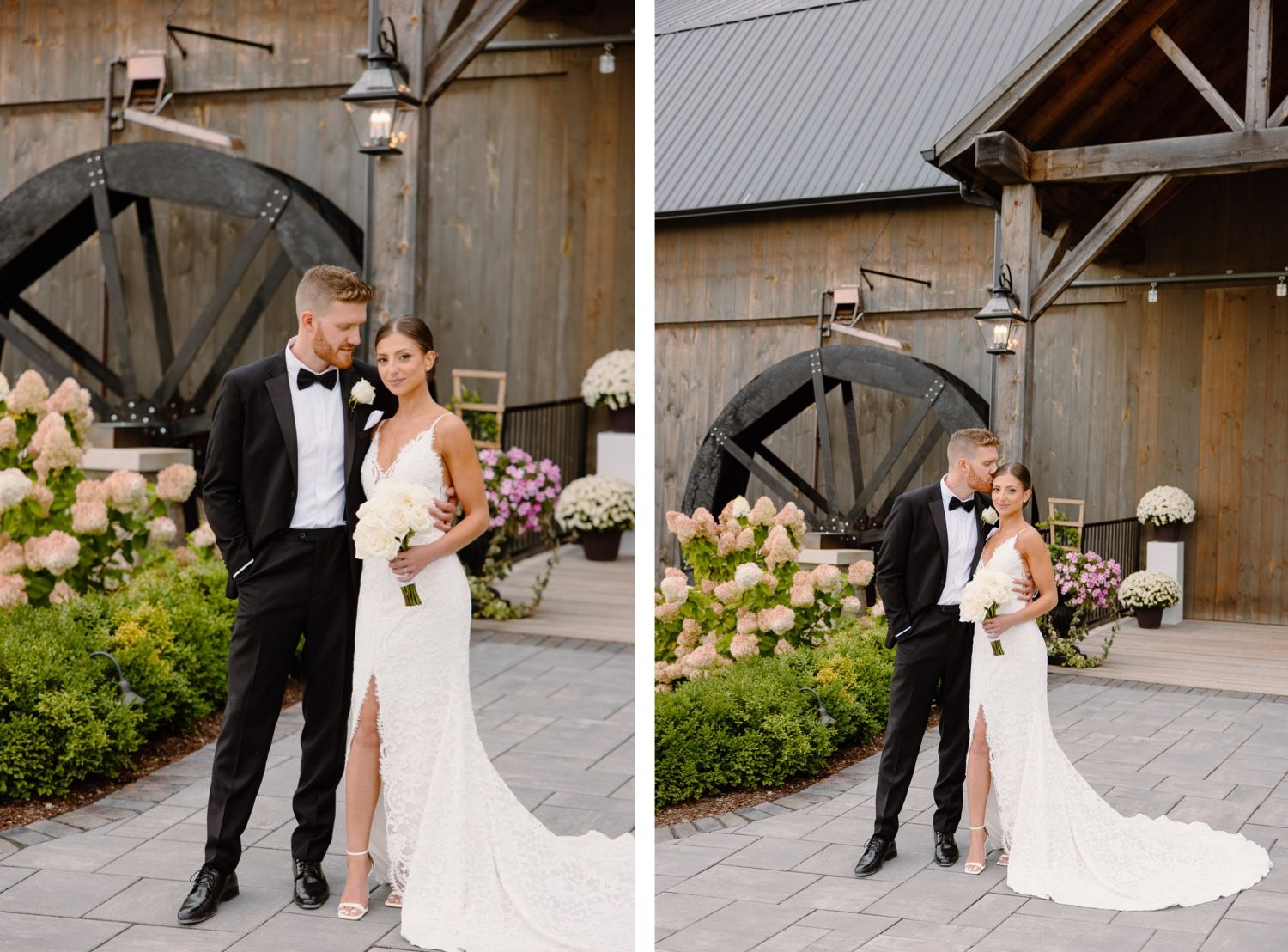 Classic black and white wedding attire complements the rustic barn backdrop with landscaped garden.