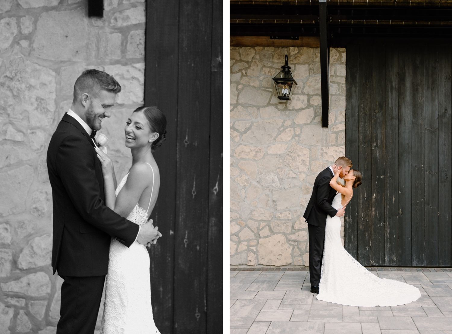 Wedding portraits in color and black and white showing romantic moments.