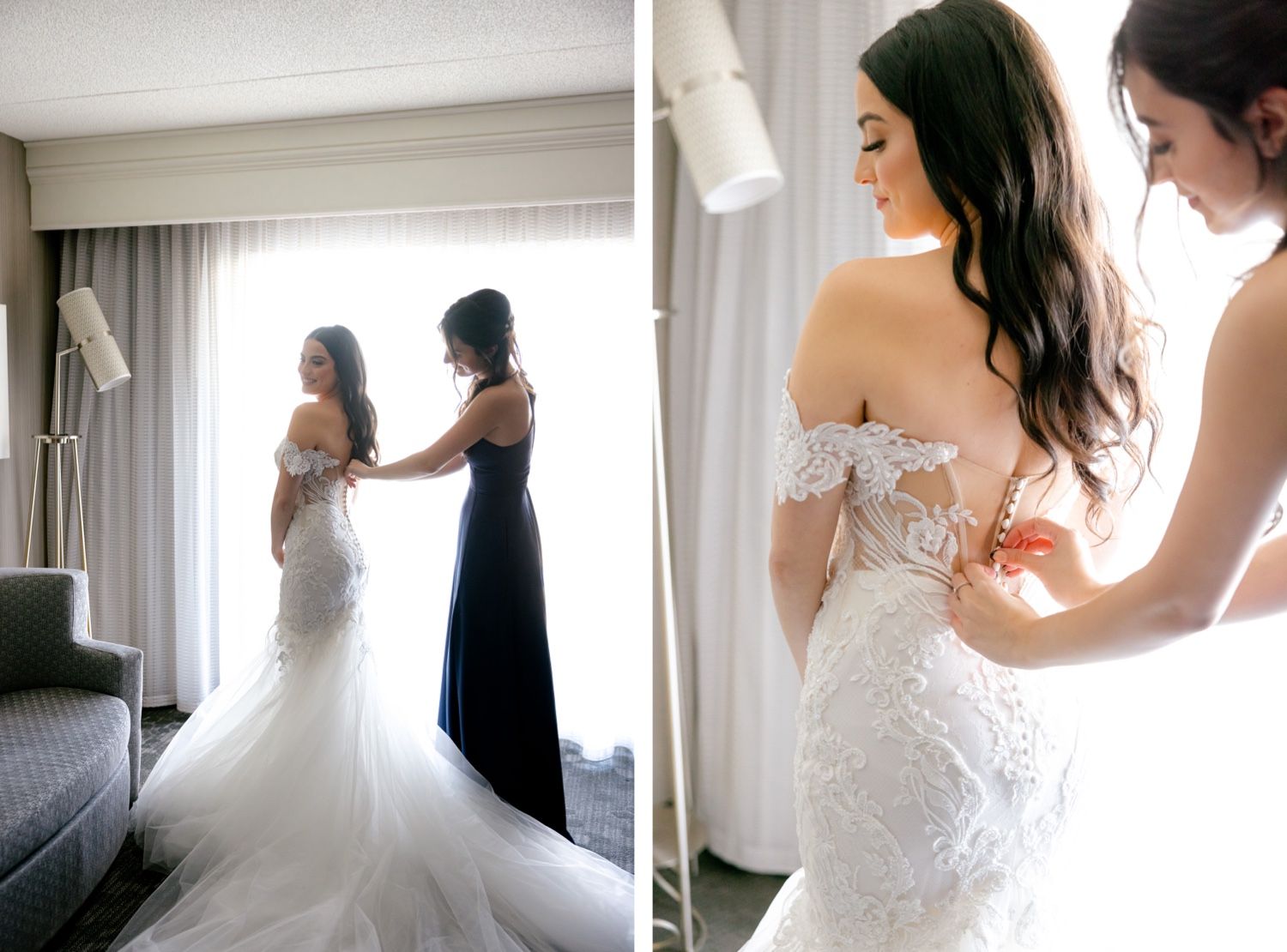 Intricate lace wedding dress being fitted in natural window light.