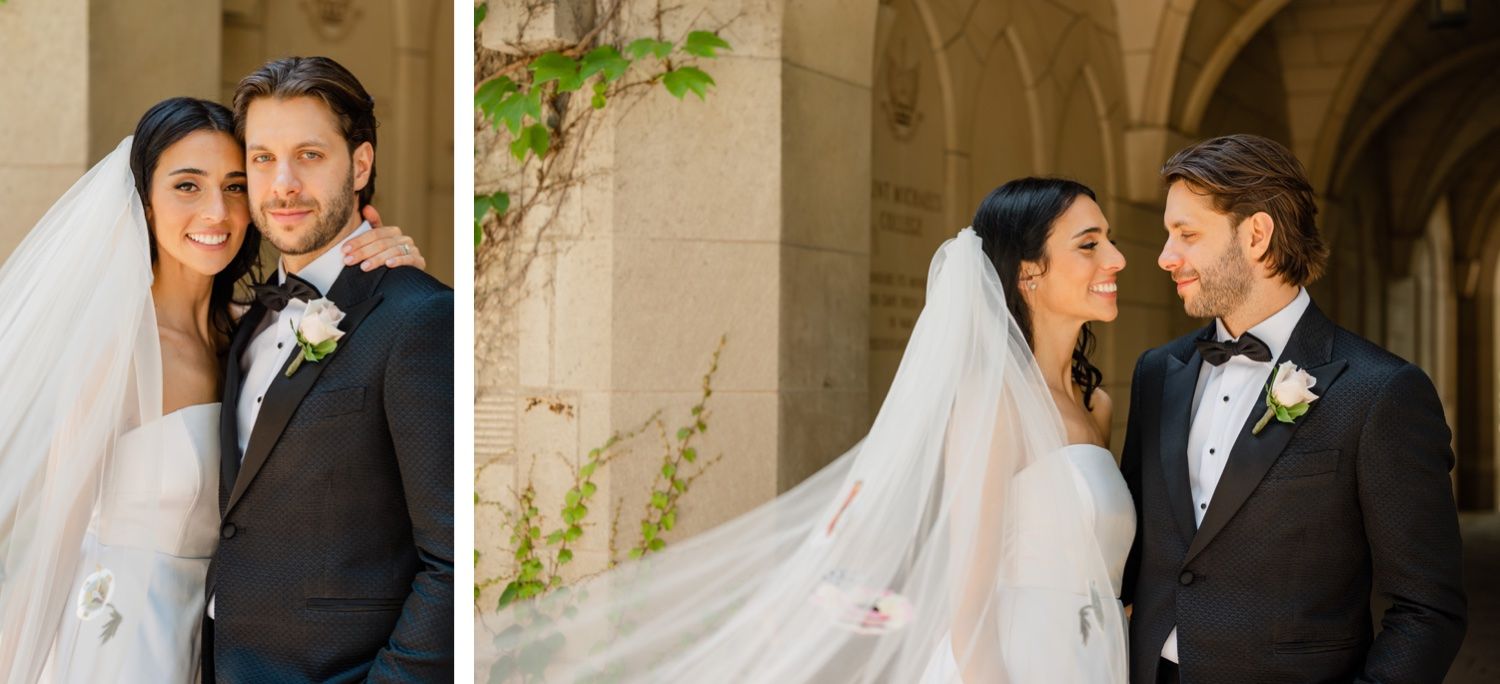 A romantic wedding couple shares an intimate moment against a stone wall backdrop.