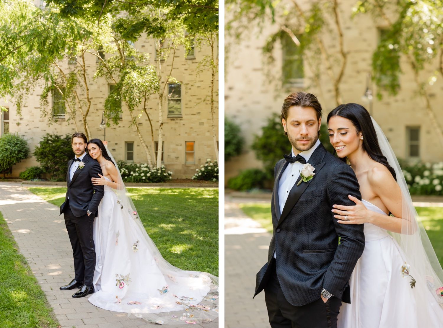 Two wedding photos side by side showing a couple posing outdoors near a historic stone building.
