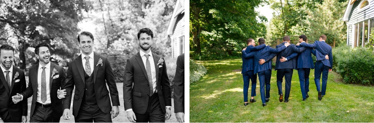 Side-by-side wedding photos showing same group in black and white versus color.