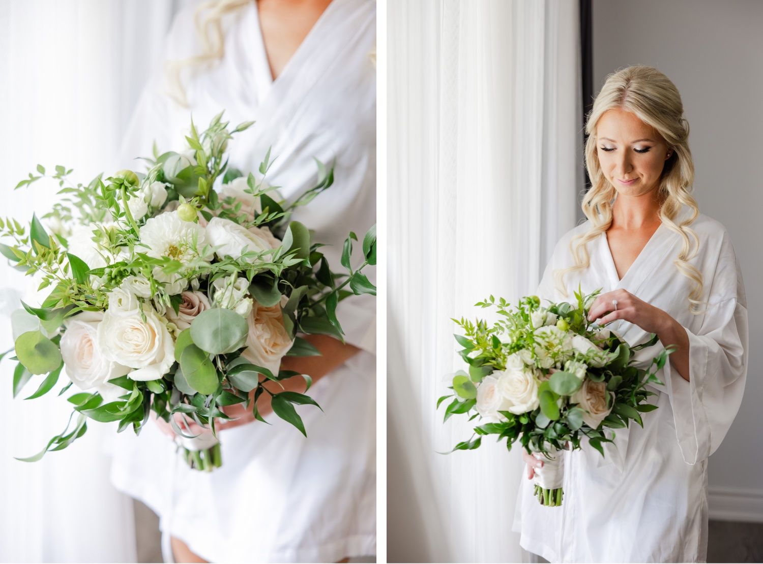 White and green bridal bouquet with roses and eucalyptus held by someone in a white silk robe.