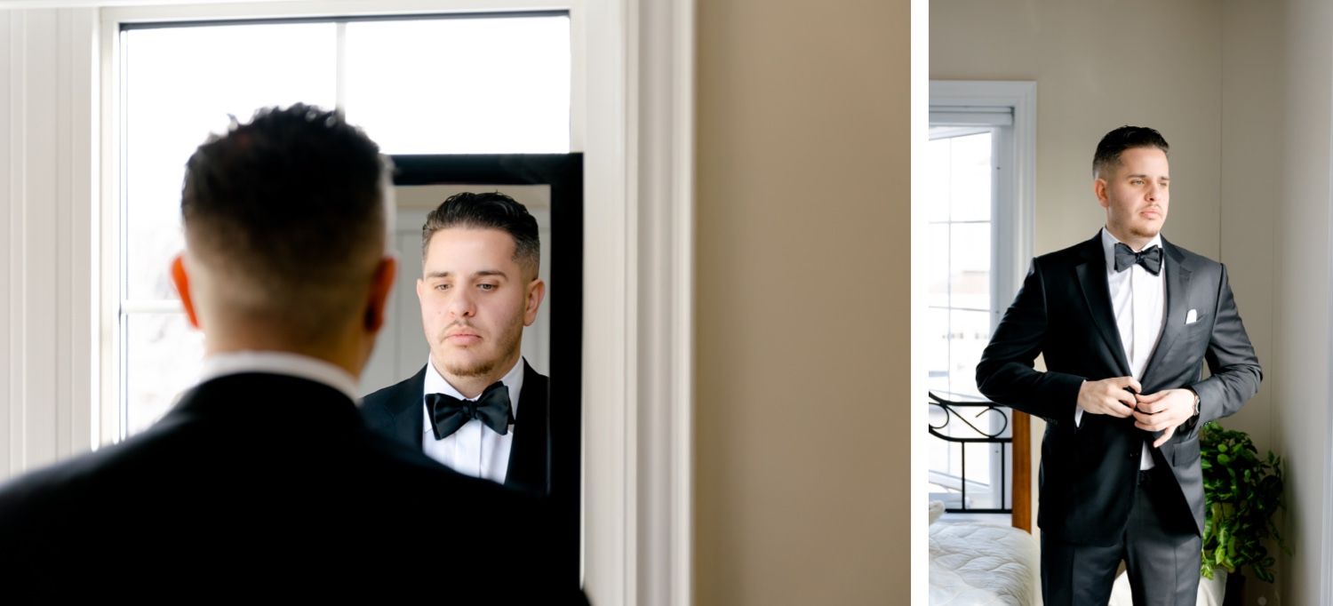 Well-dressed groom checks his appearance in a mirror while getting ready for his wedding day.