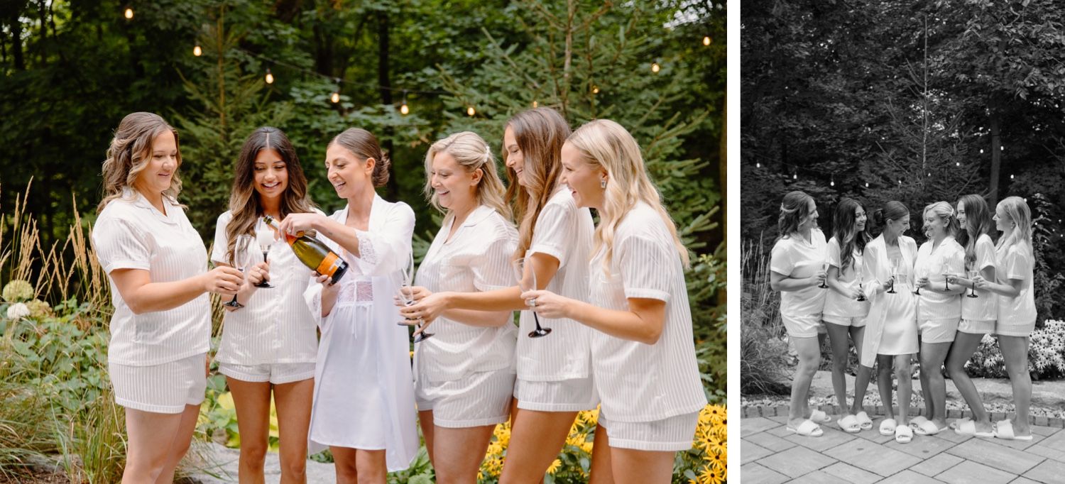 Group wearing matching white outfits gathered outdoors, shown in color and black and white.