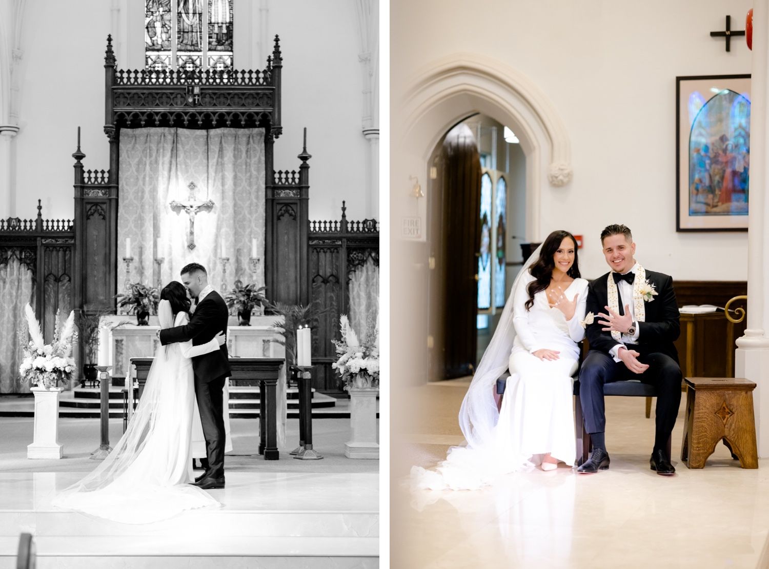 Contrasting views of a church wedding ceremony in both monochrome and color photography.