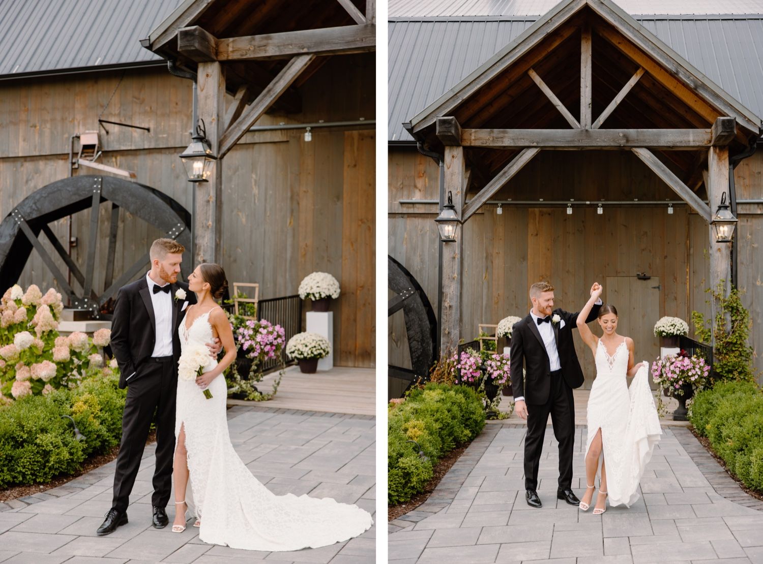 Romantic wedding portraits captured outside rustic barn with decorative water wheel feature.