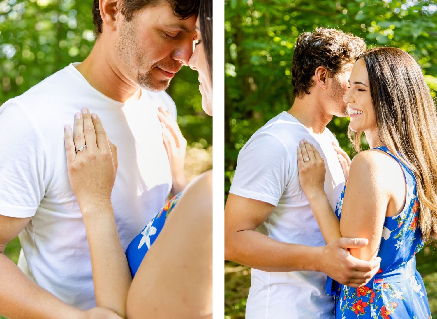 Romantic couple sharing an intimate moment outdoors with natural greenery in the background.