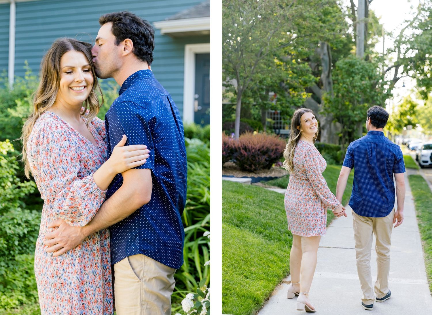 Couple in coordinated outfits share tender moments in garden setting near blue house.