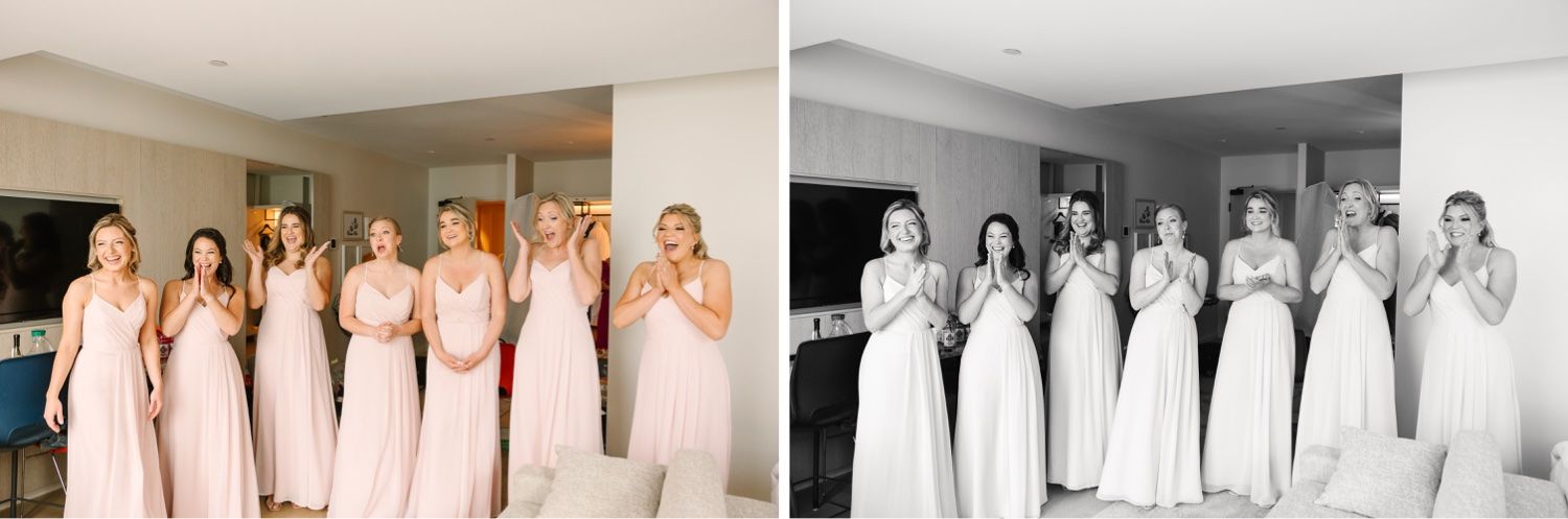 Bridesmaids in soft pink dresses gather for pre-wedding photos.