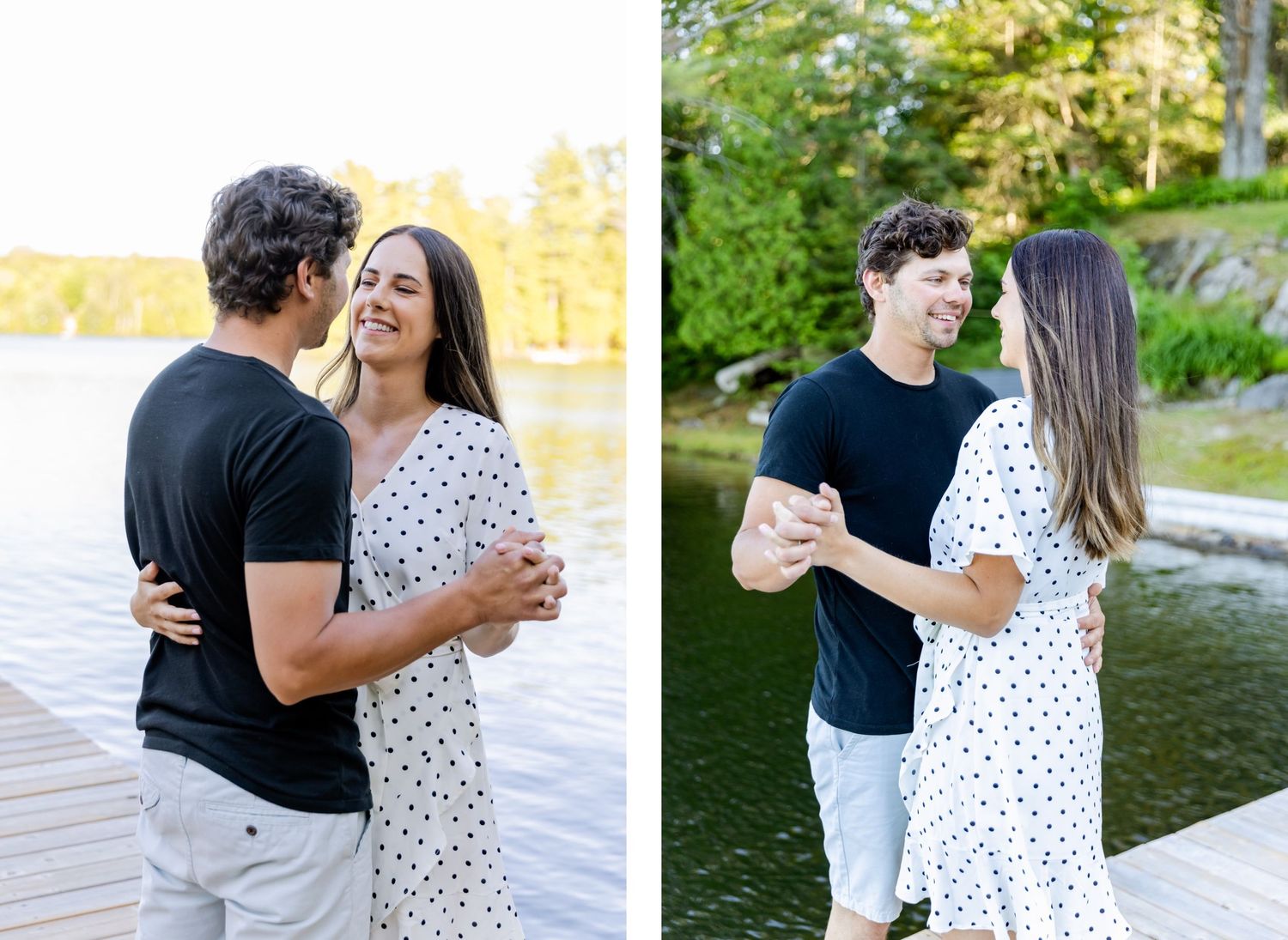 A romantic couple embraces at sunset wearing matching casual outfits by a lakeside dock.