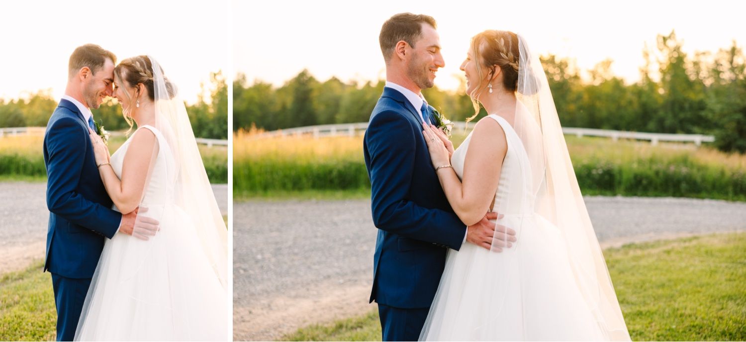 Sunset wedding portraits in field with couple sharing intimate moment.