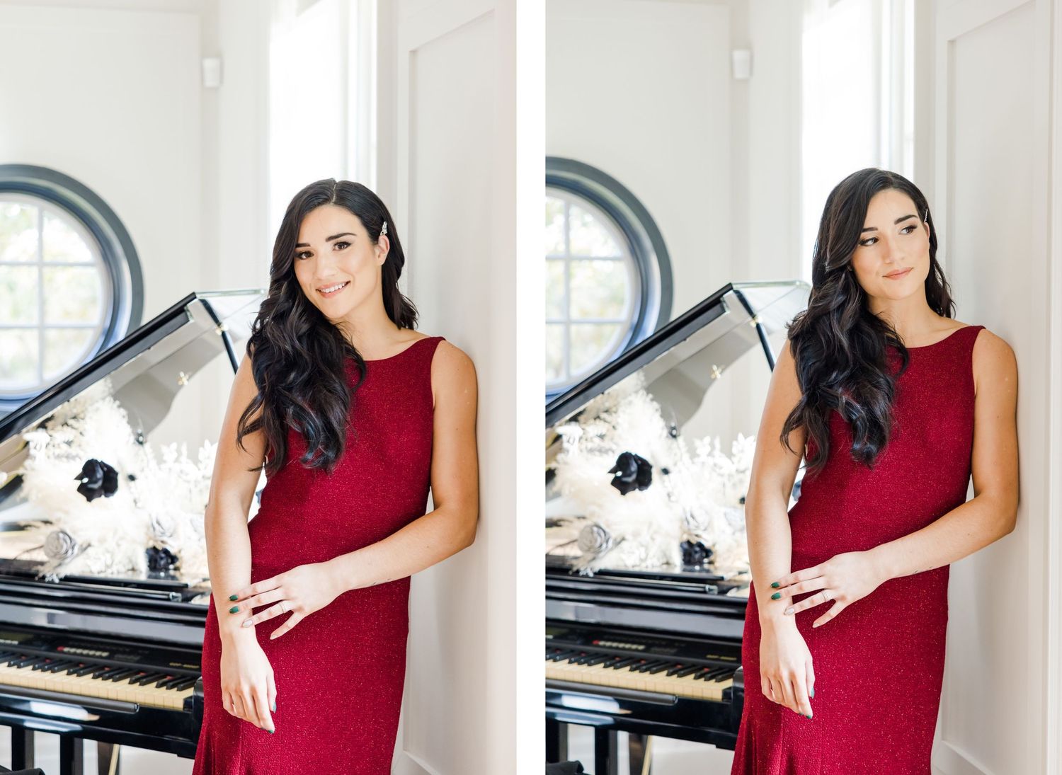 Elegant portrait session by grand piano featuring fitted red evening gown.