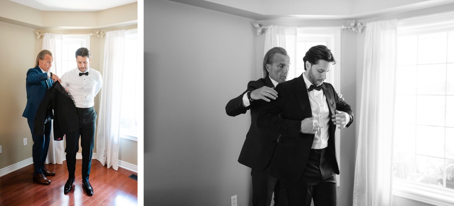 Wedding preparation moments captured in color and black and white as groomsmen get ready.