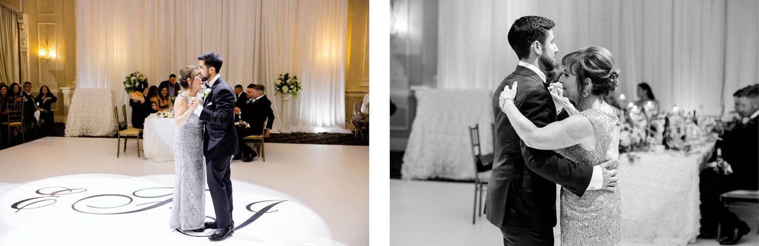 Elegant ballroom dance scene during wedding reception with white draping in background.