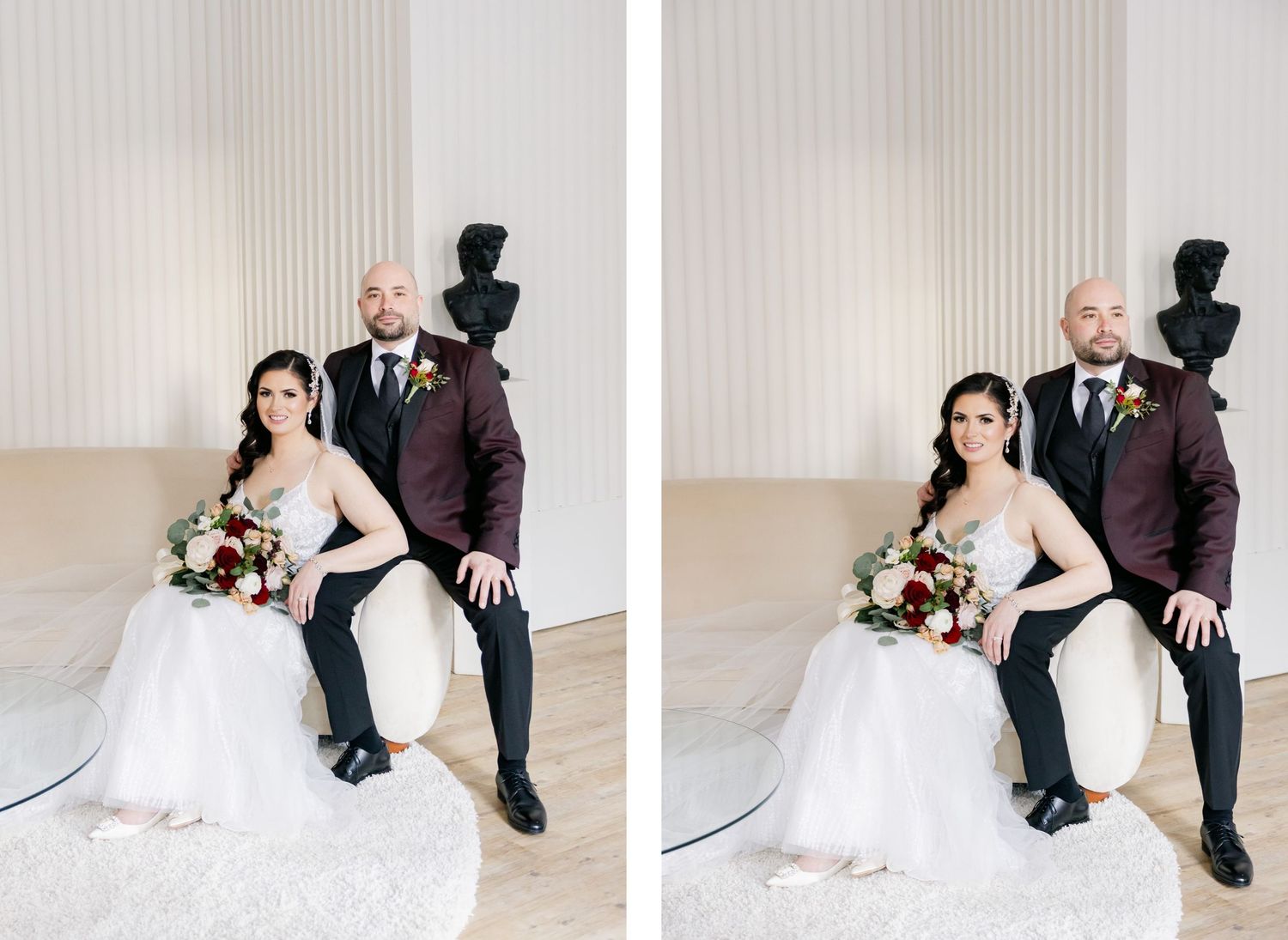 Artistic split wedding portrait with black bust sculpture in background.