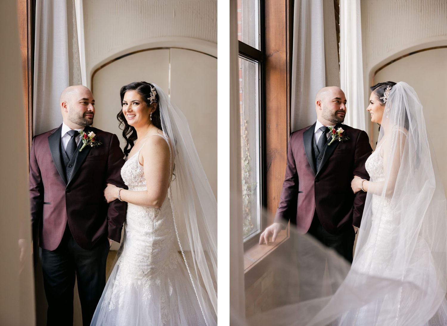 Two similar wedding portraits showing a couple posed together against an arched doorway.