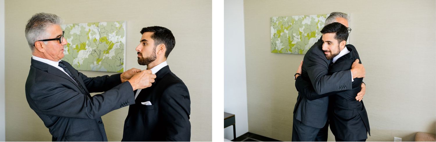 Candid moments of formal wear adjustments and embraces during pre-wedding preparations.