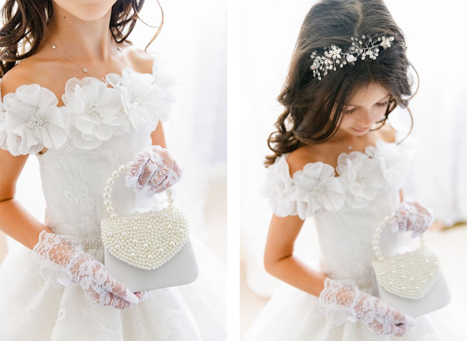 Wedding dress detail shot featuring floral embellishments and a pearl-encrusted handbag with lace gloves.