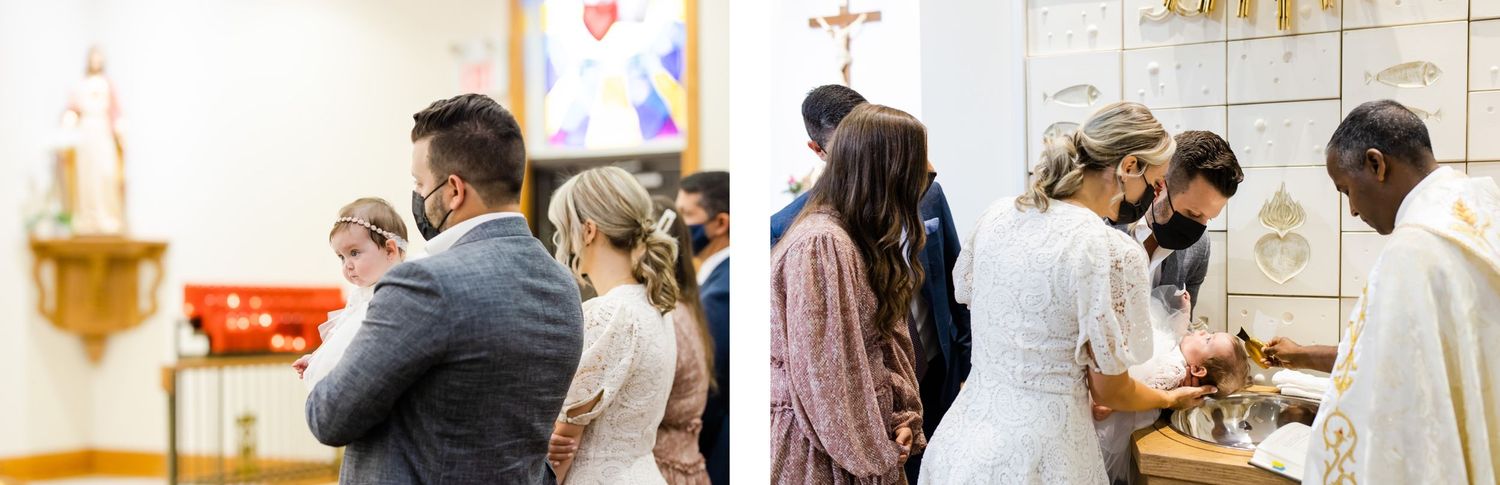 Modern church interior with groups of people gathered for a special ceremony.