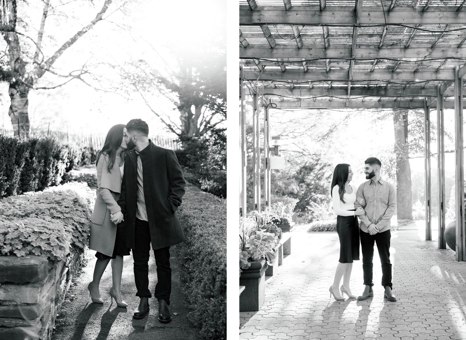 Two contrasting photos of couple posing under architectural structures outdoors.