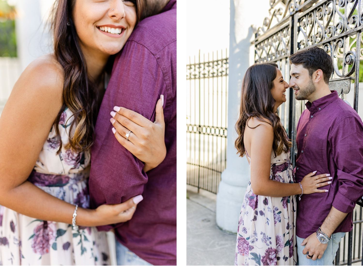 Split image showing tender moments between couple in coordinated outfits near white columns.