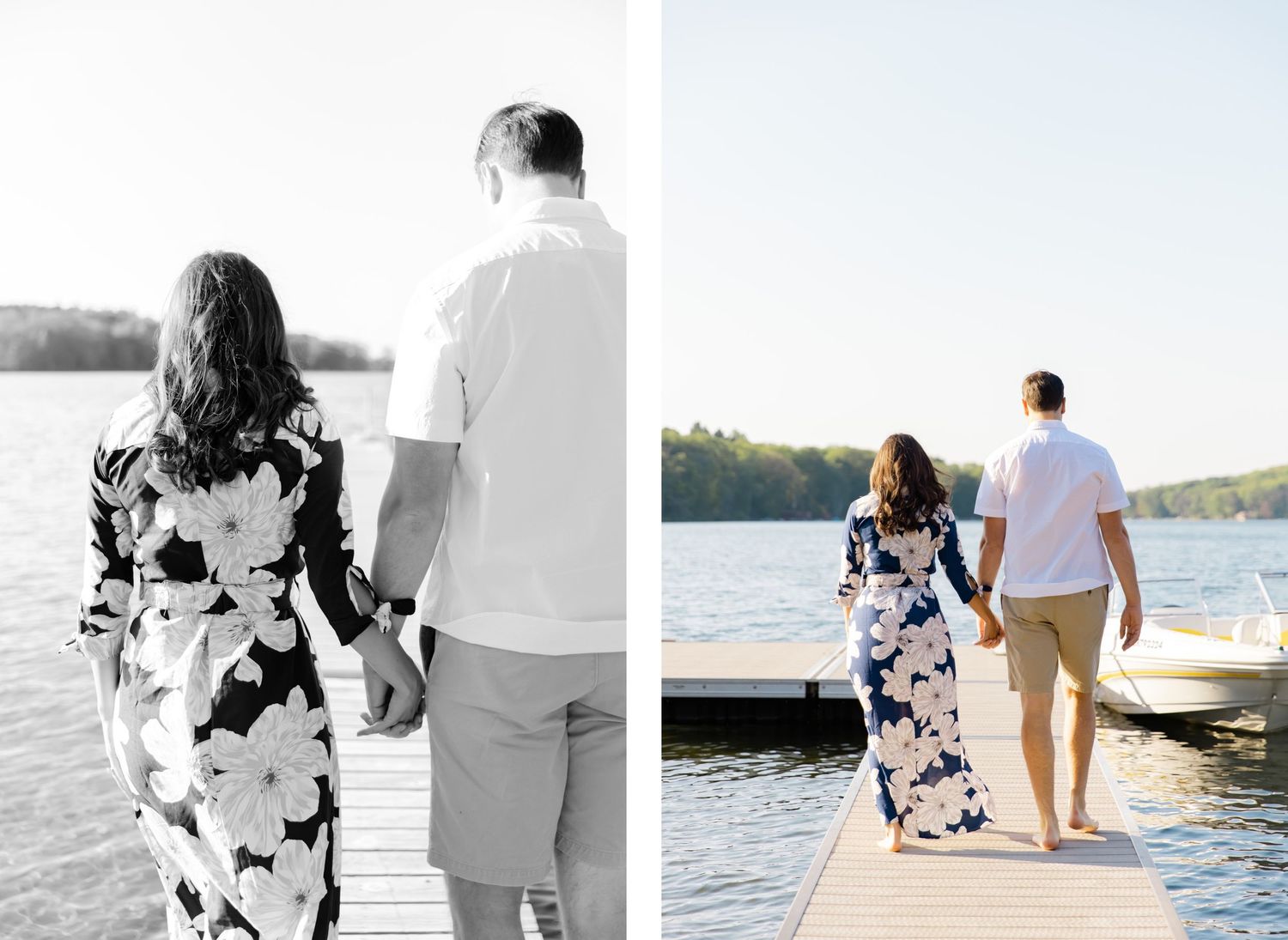 A couple walks along a wooden dock by the lake, with a floral dress and casual summer attire.