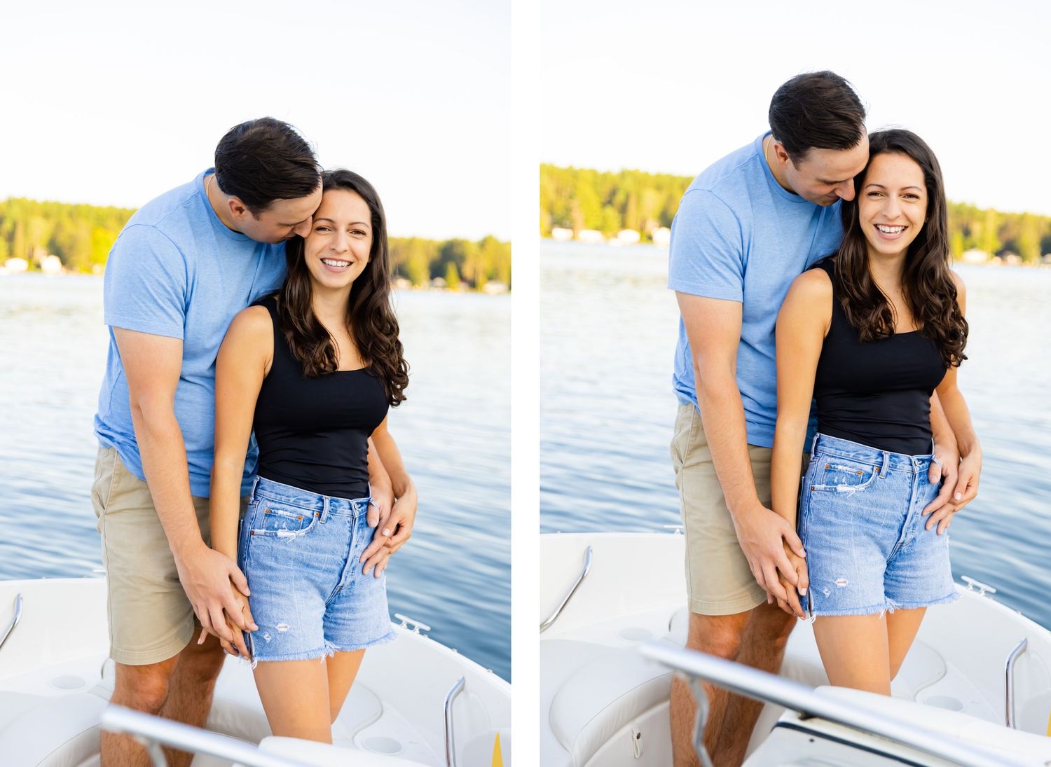 Two side-by-side photos of a couple embracing on a boat deck.