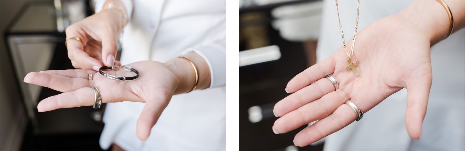 Close-up shots of hands holding delicate jewelry pieces.