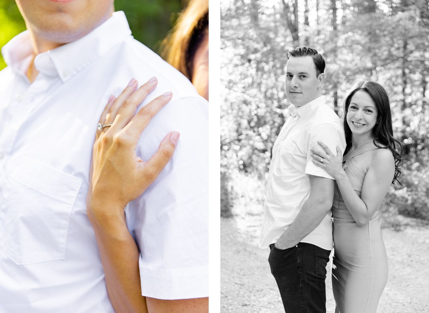 Engagement ring detail shot paired with black and white couple portrait.